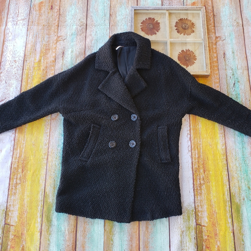 Free People Black Textured Wool Peacoat XS